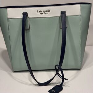 kate spade Mint Green and White Tote satchel work bag laptop carrier